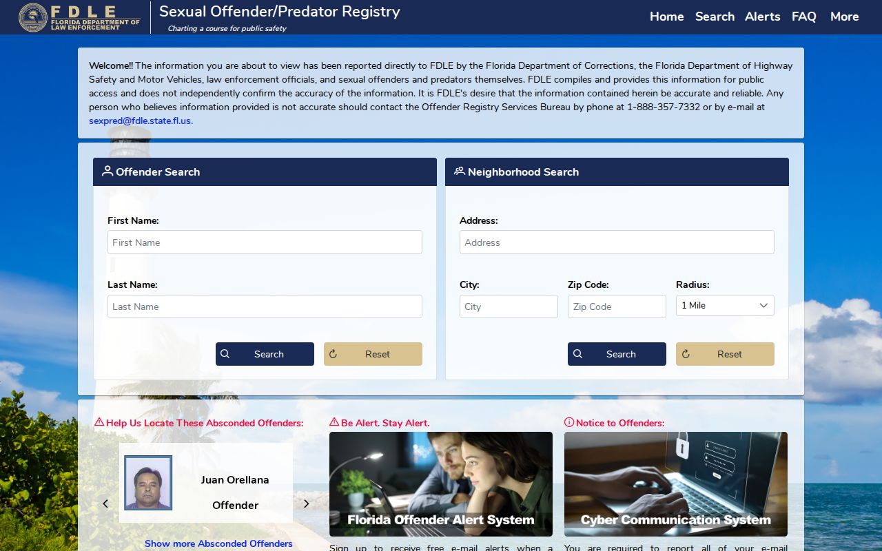 FDLE geographic offender registry search for a Riviera Beach neighborhood address