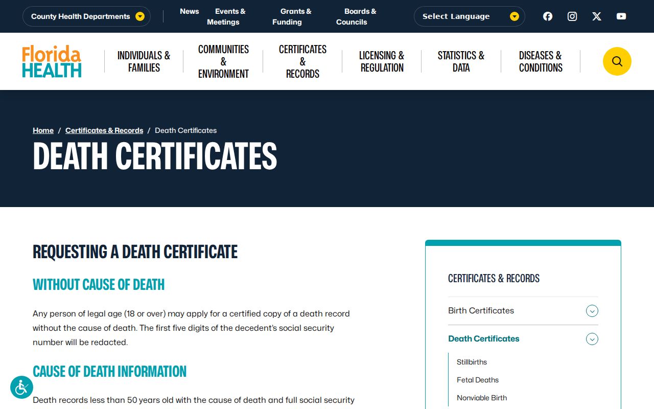 Florida death certificate access information for tracing Riviera Beach past residents