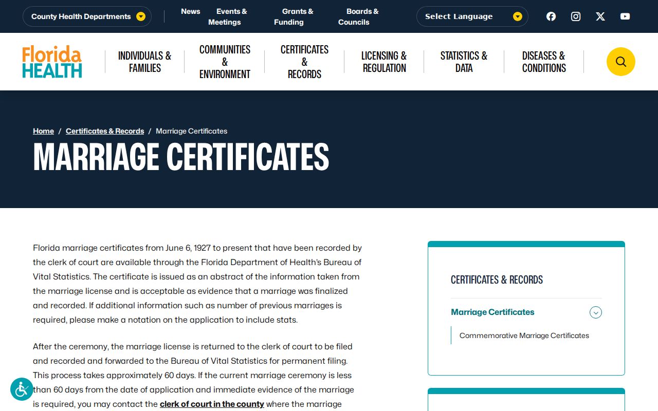 Florida marriage certificate information for Riviera Beach household history