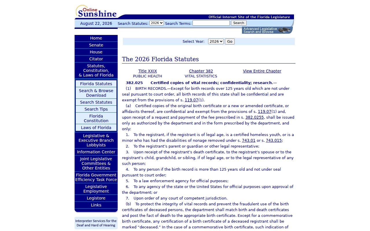 Florida vital records confidentiality statute for Riviera Beach previous resident research