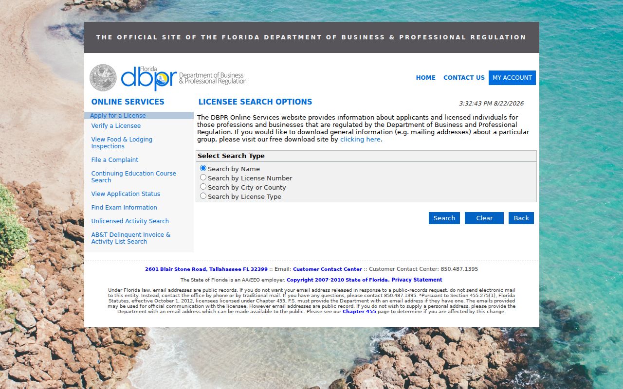 Florida professional license search for confirming a Riviera Beach resident's filed credential
