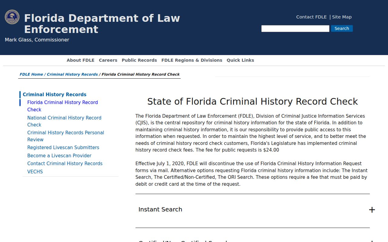 Official FDLE Florida criminal history channel choices for resident verification