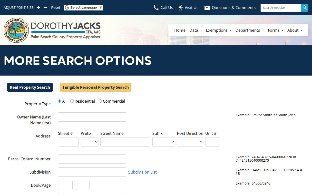 PAPA Advanced Search fields used for Riviera Beach ZIP code parcels